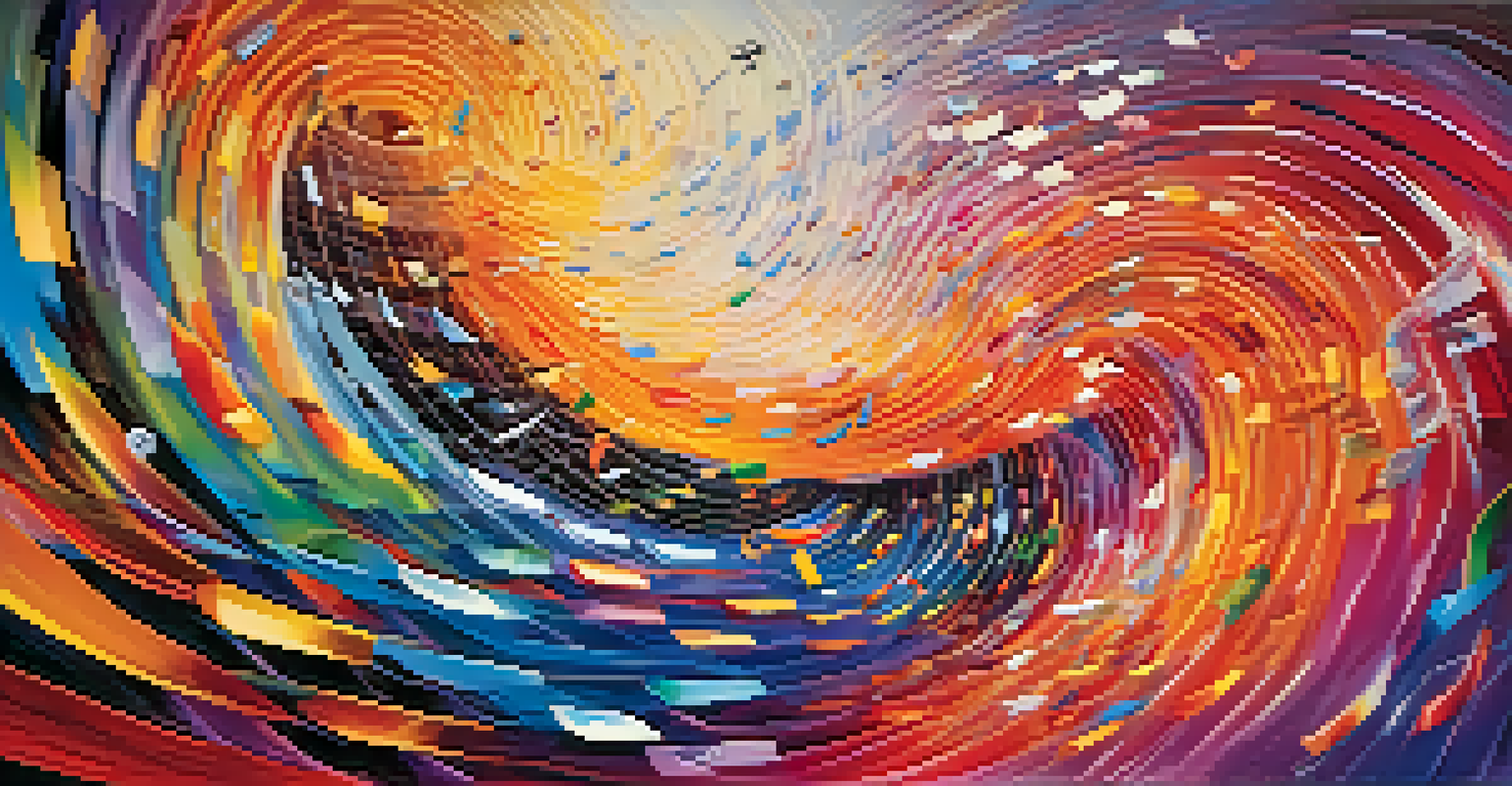 An abstract representation of sound with swirling musical notes and vibrant colors symbolizing emotions.