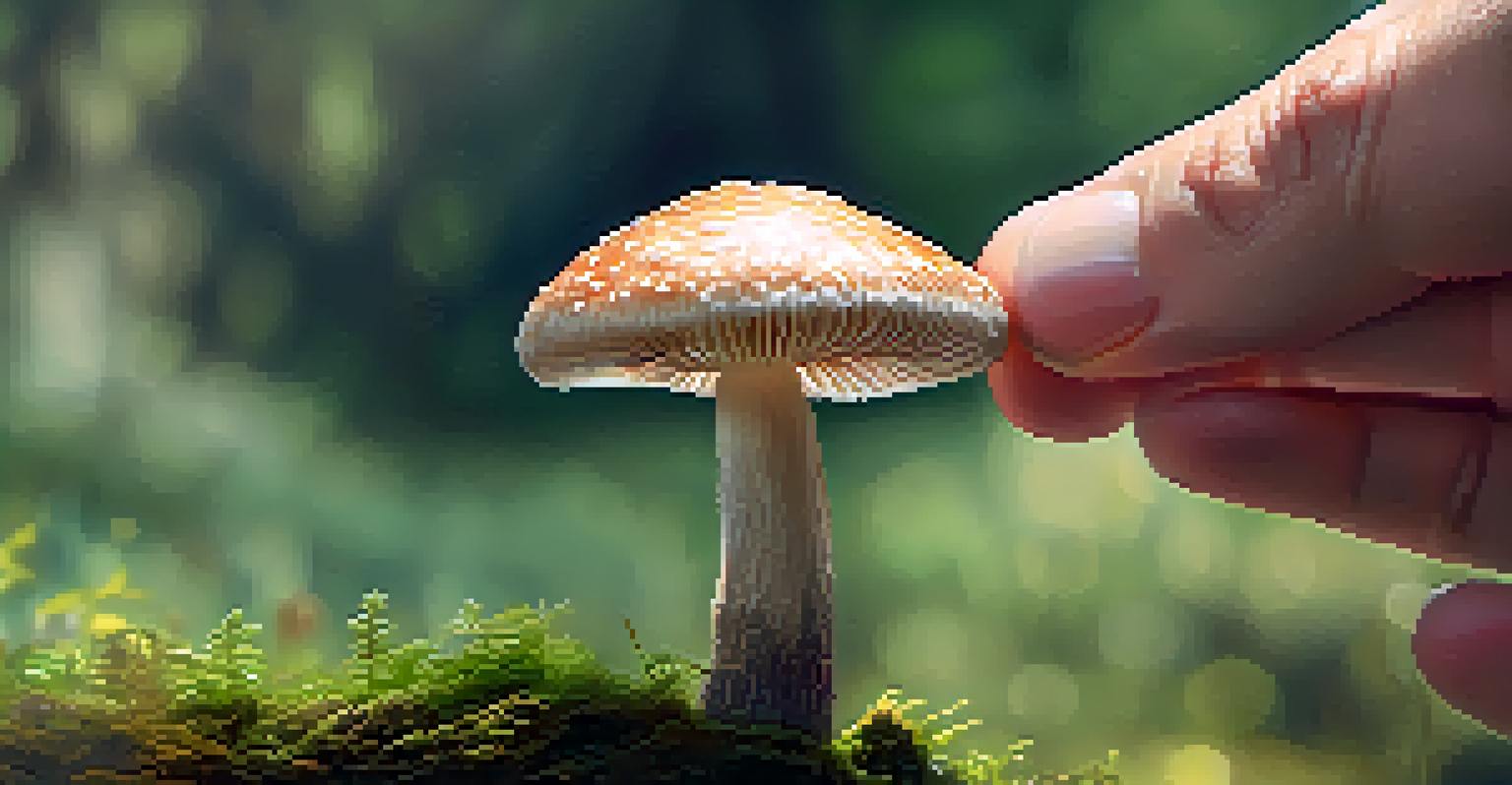 A close-up of a hand holding a mushroom in a natural setting.