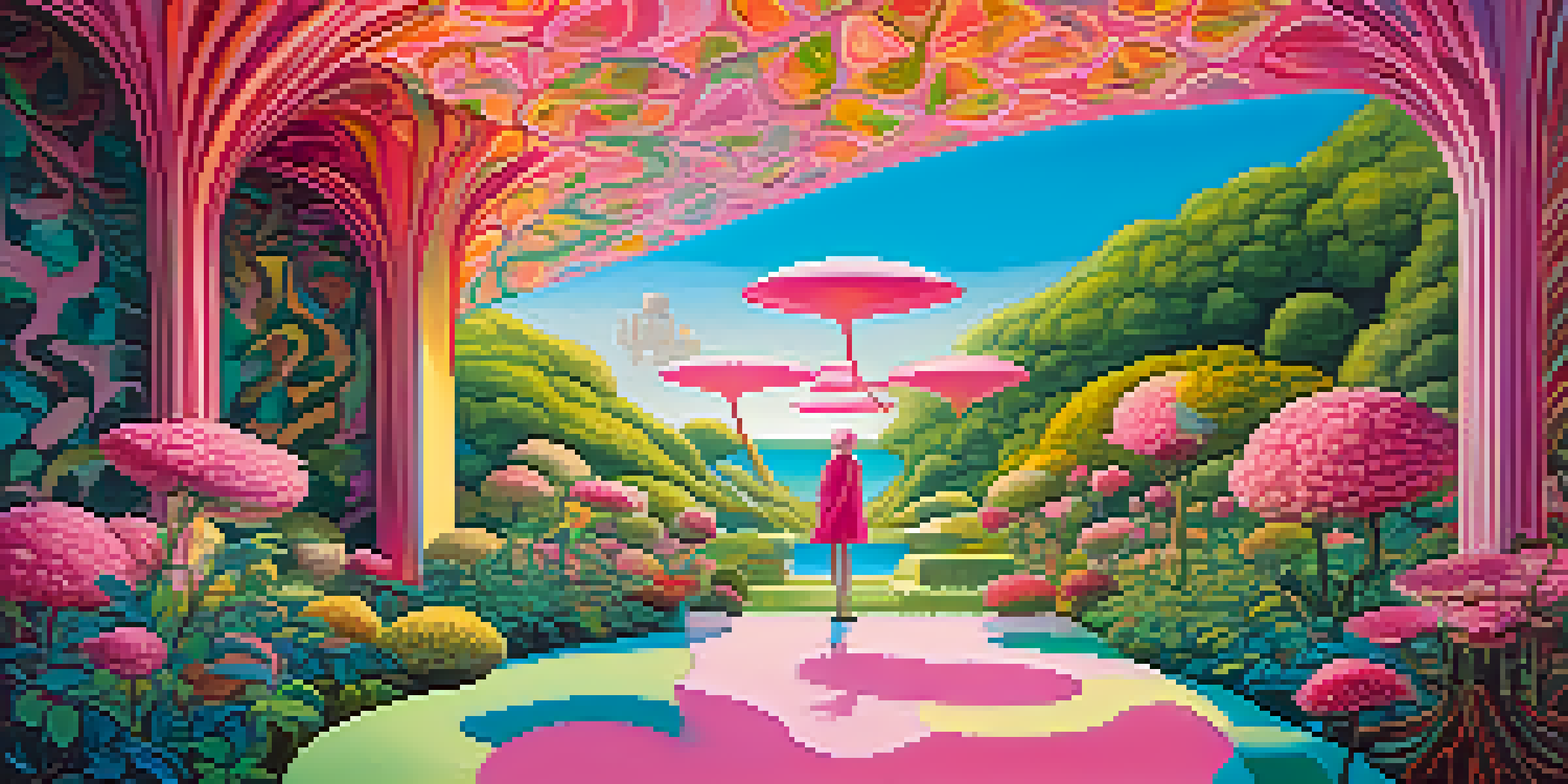 A surreal landscape with a colorful abstract figure surrounded by oversized flowers and patterns, illuminated by golden sunlight.