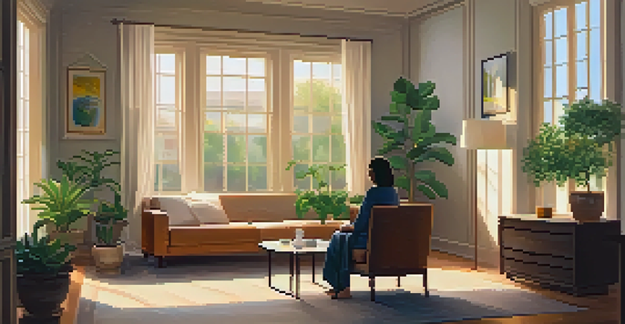 A cozy therapy room with a therapist and a relaxed patient, showcasing a peaceful environment with plants and soft lighting.