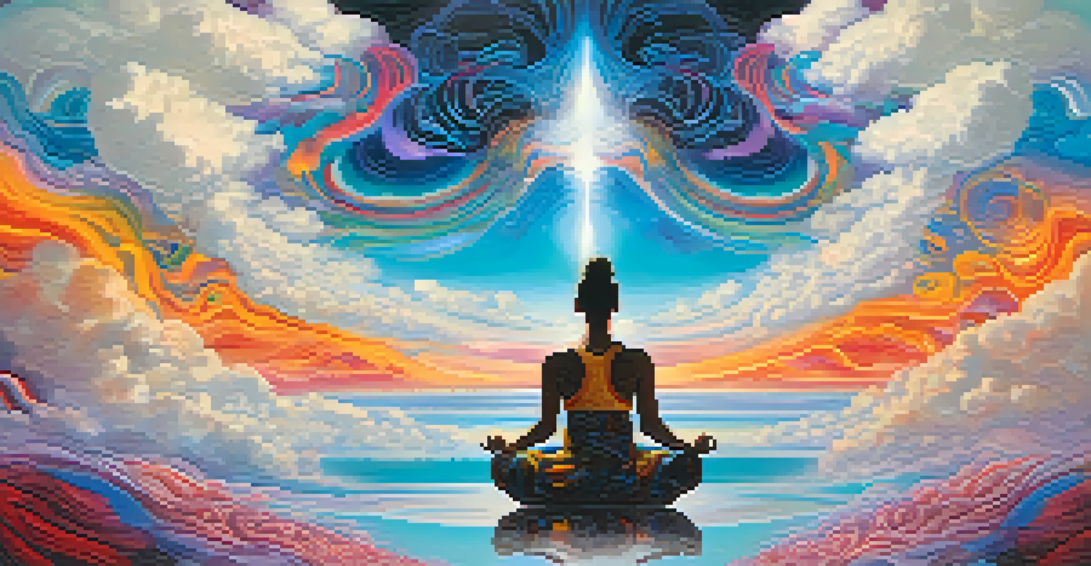 A person meditating on a cloud amidst vibrant swirling colors, symbolizing spiritual transcendence.