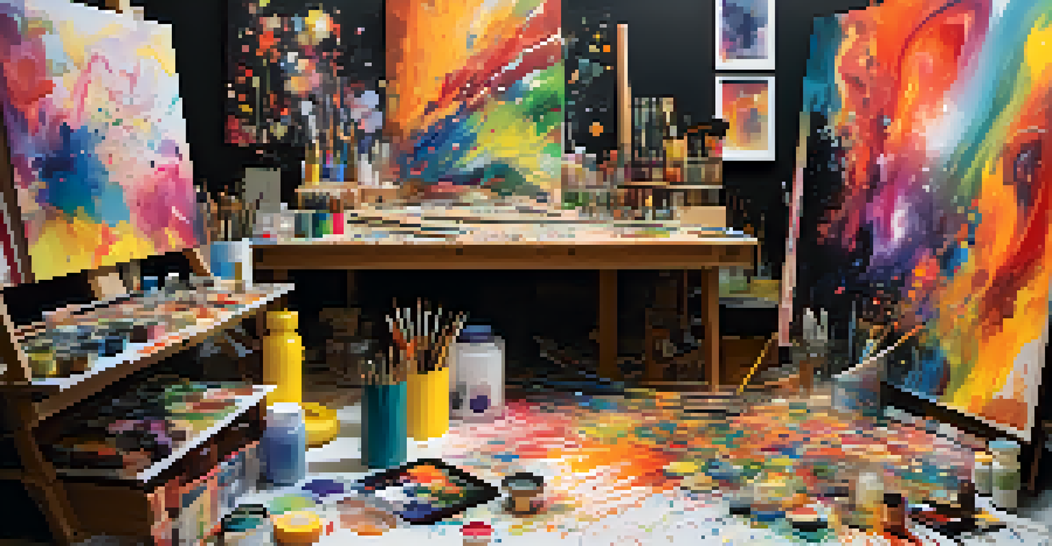 An artist's studio with colorful paint splatters and an abstract painting inspired by creativity.