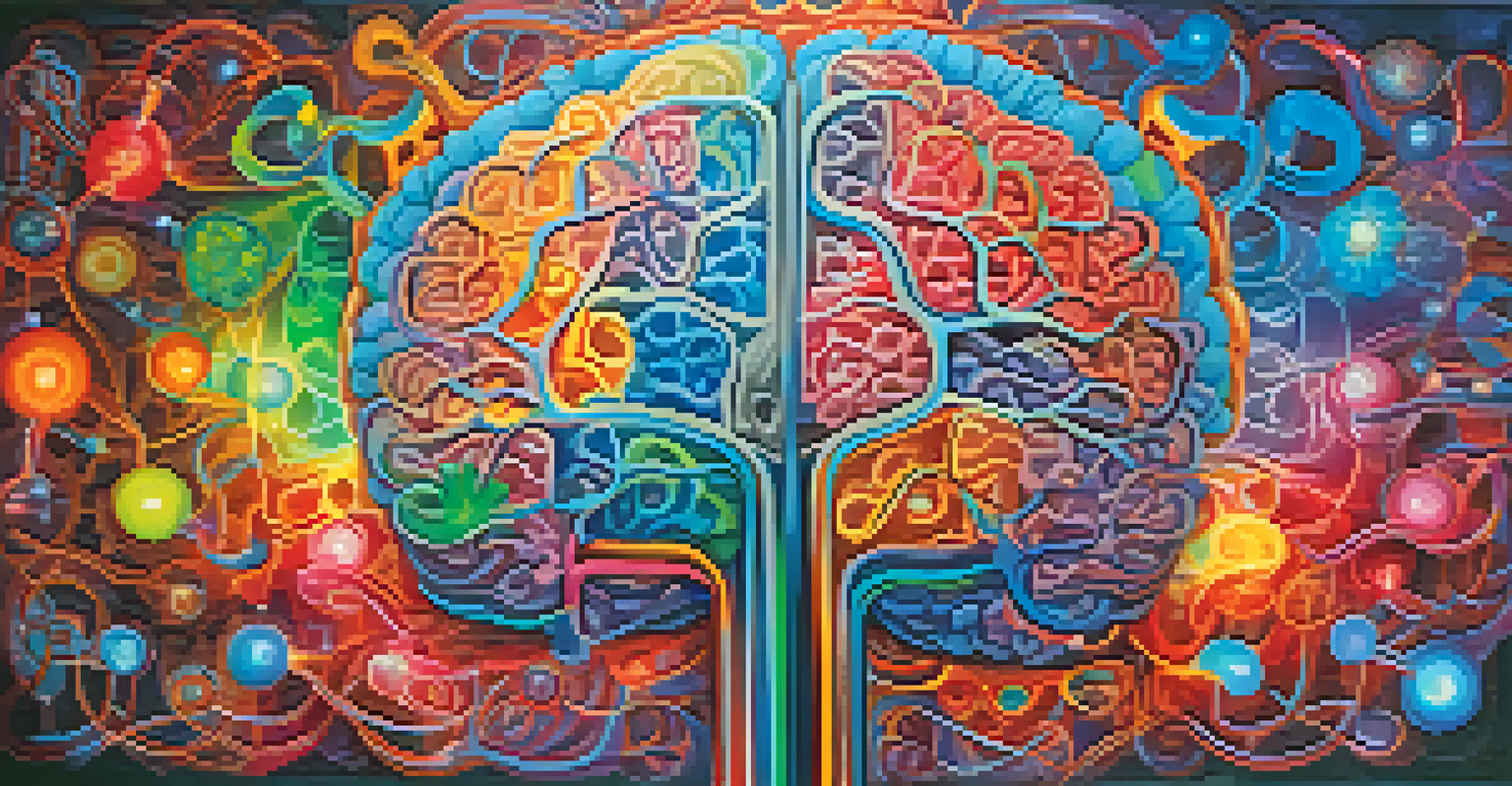 A colorful artistic depiction of a human brain with illuminated neural pathways, surrounded by symbols of compassion like hearts and hands against a swirling background.