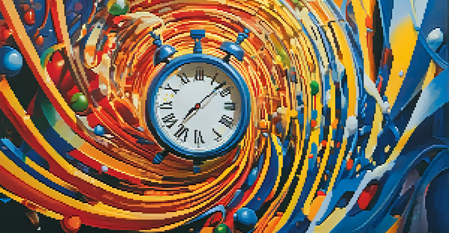 An abstract image of a melting clock with colorful swirling backgrounds representing altered time perception.