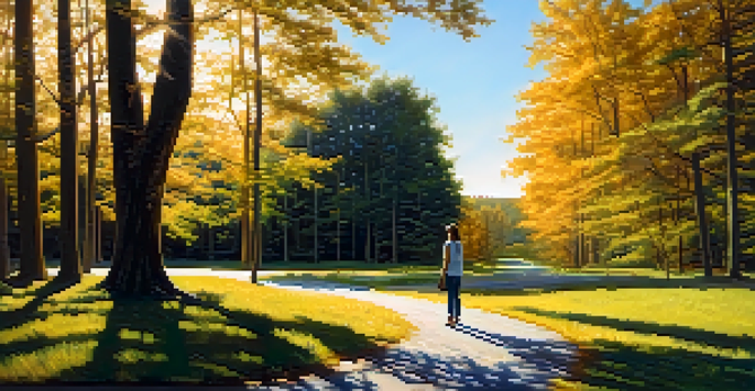 A person standing at a crossroads in a serene landscape, with two paths leading into a lush forest under a bright blue sky.
