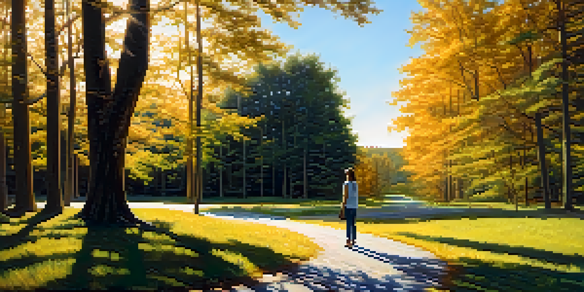 A person standing at a crossroads in a serene landscape, with two paths leading into a lush forest under a bright blue sky.