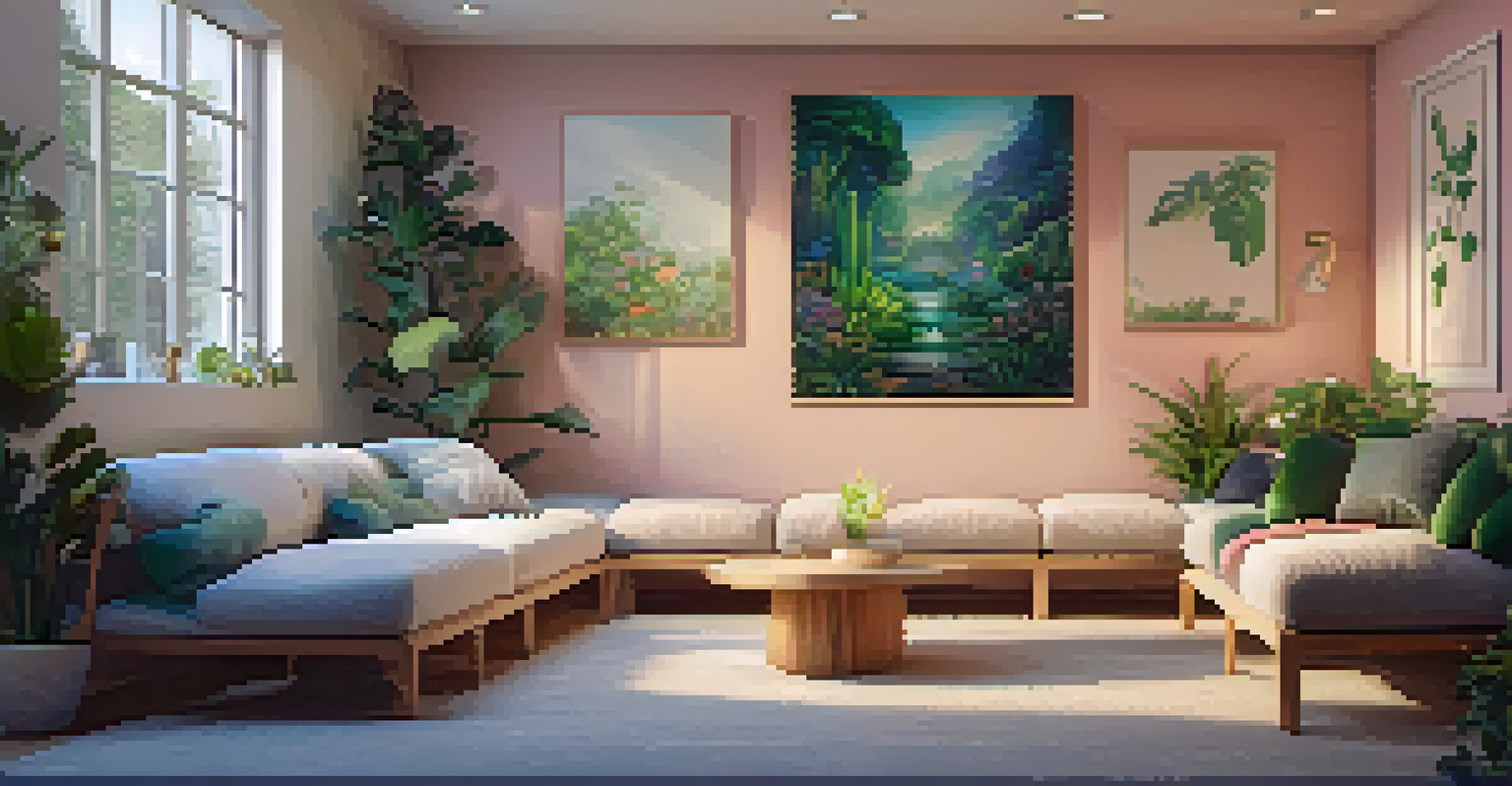 A warm and inviting therapeutic room for psychedelic sessions, decorated with plants and soft lighting.