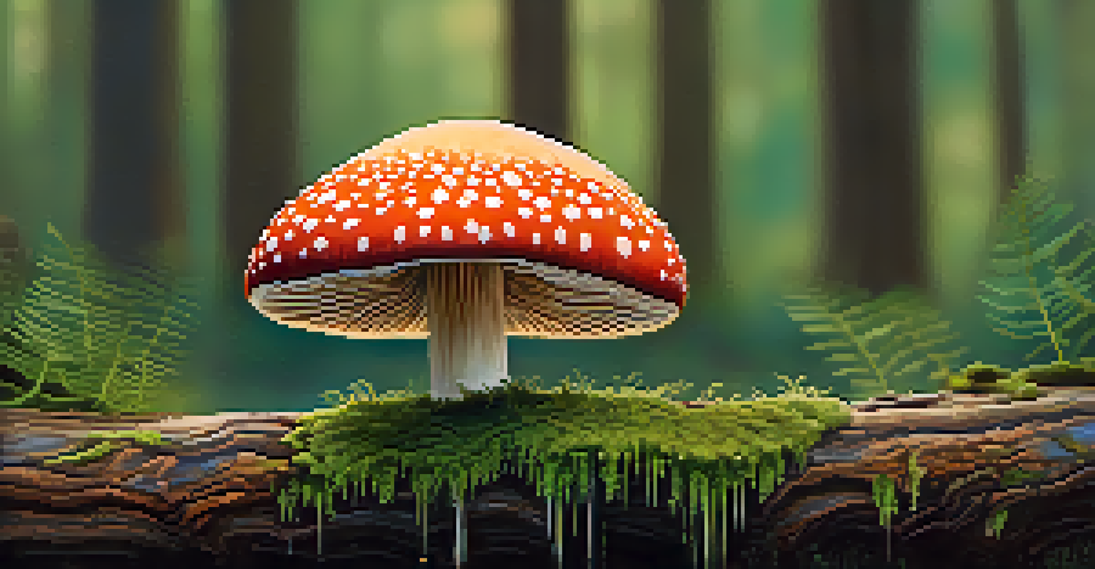 A close-up of a psilocybin mushroom on a mossy log, showcasing its details against a blurred green forest background.