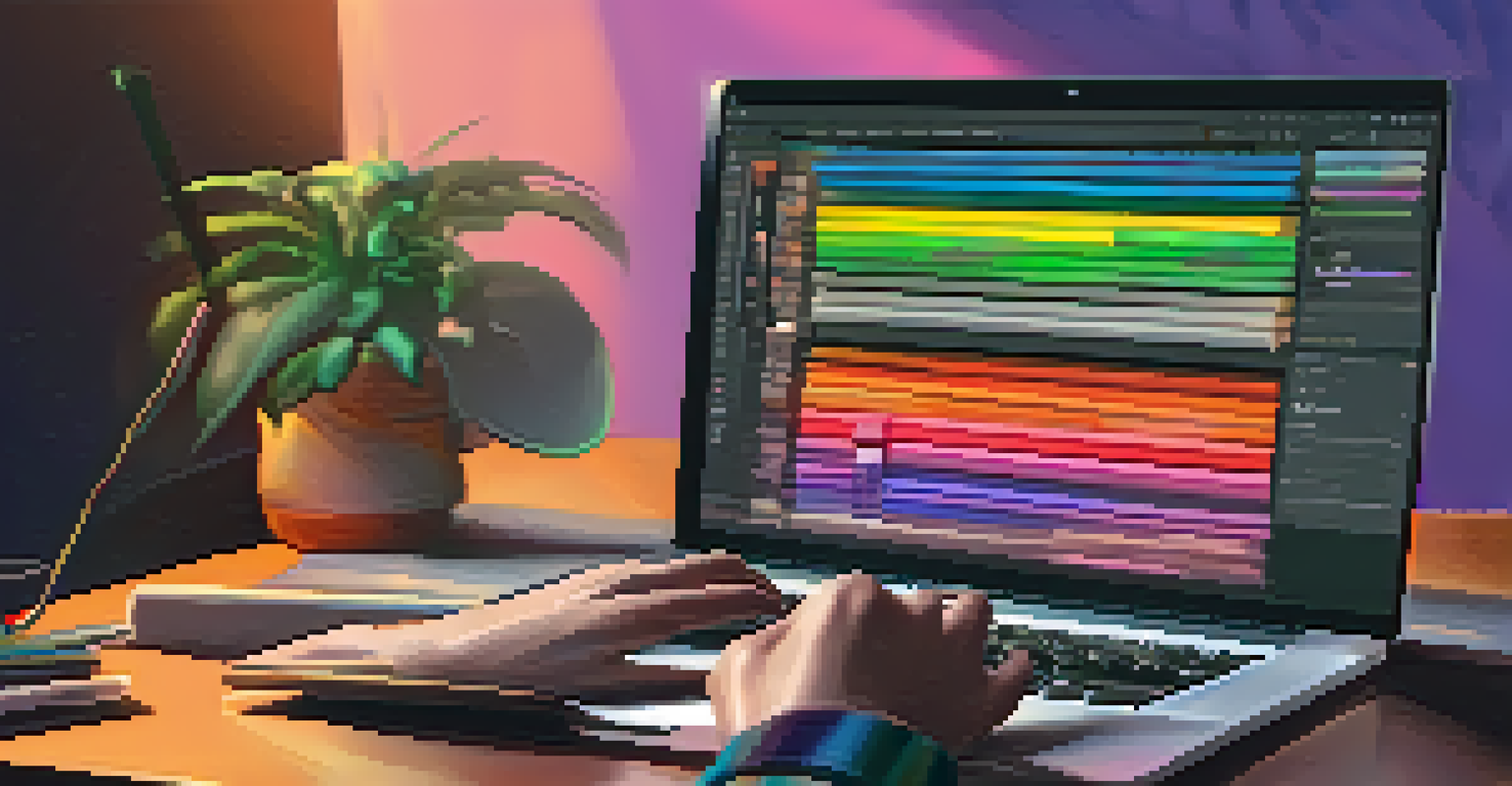 A close-up of hands on a laptop creating a music playlist, with colorful album covers, in a cozy and comforting environment.