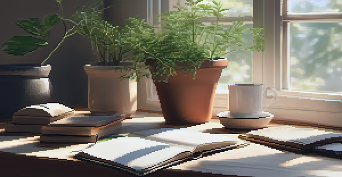 A peaceful writing space featuring a wooden desk with open journals, a cup of tea, and a potted plant, illuminated by soft natural light.
