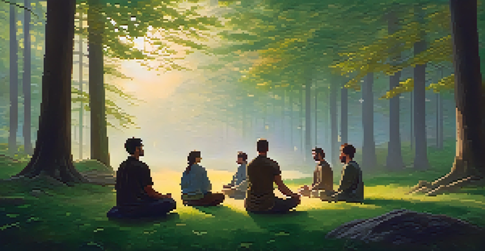 A peaceful forest with individuals meditating in a circle at sunrise, surrounded by trees and soft light.