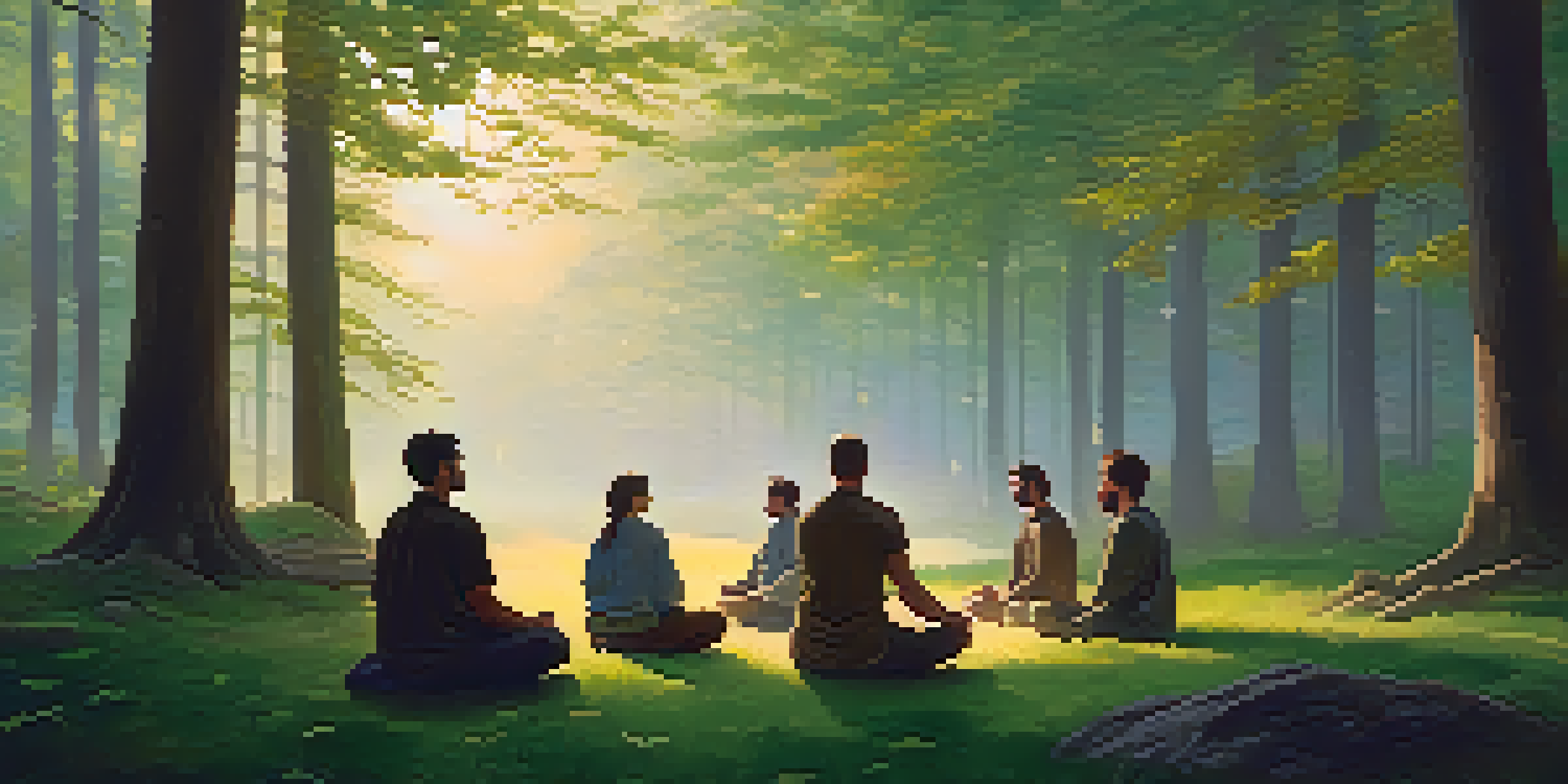 A peaceful forest with individuals meditating in a circle at sunrise, surrounded by trees and soft light.