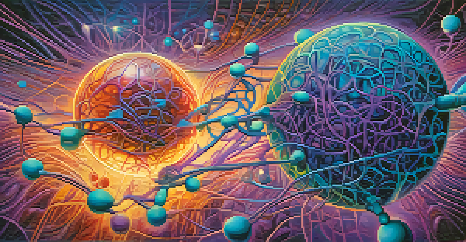An abstract illustration of serotonin neurotransmitters as colorful orbs with glowing connections.