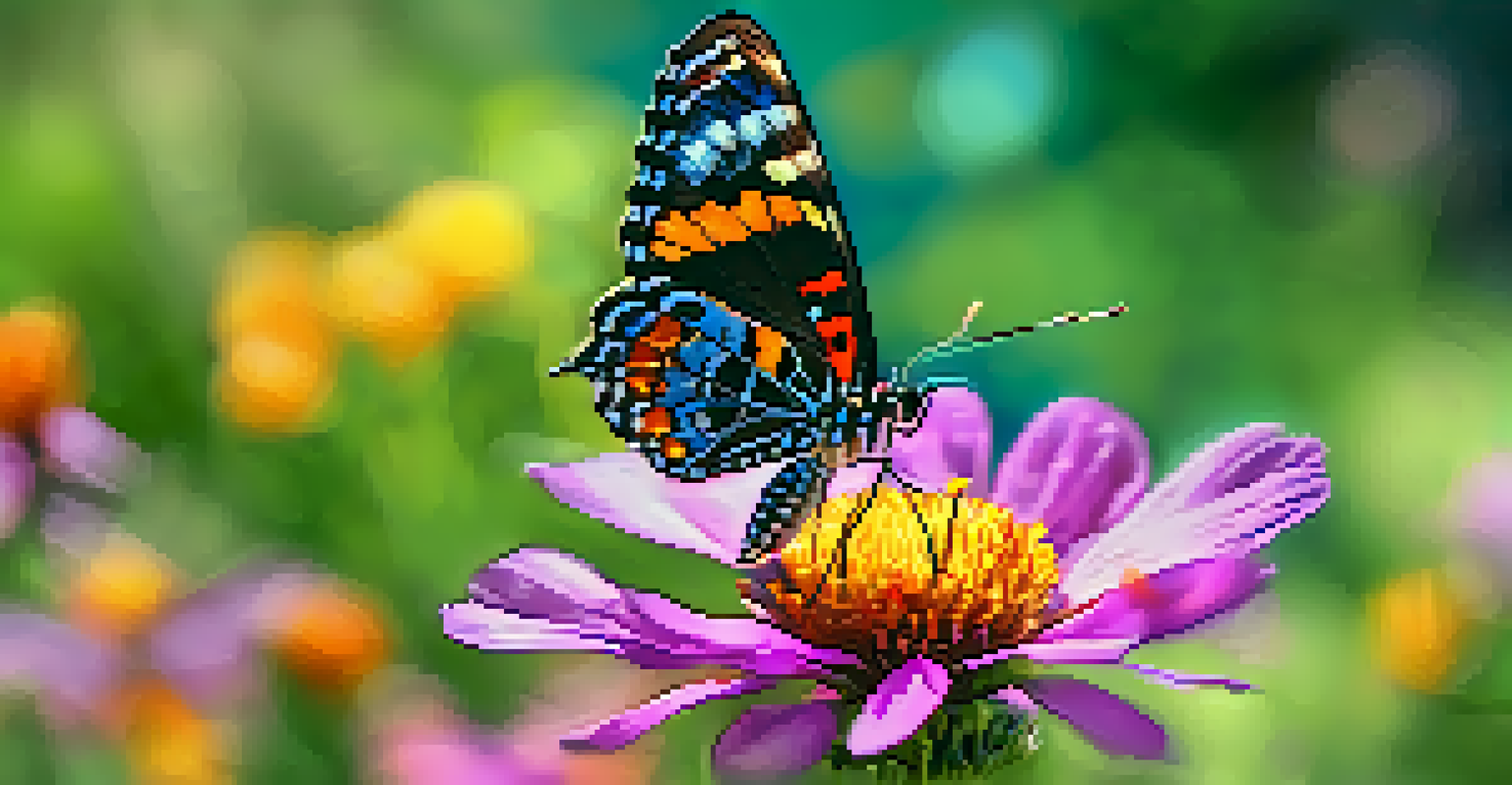 A close-up of a colorful butterfly on a yellow flower in a blooming garden, with a soft blurred background.