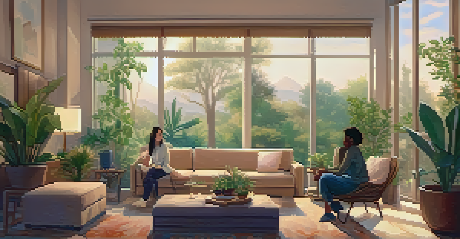 A cozy therapy room with a therapist and client engaged in conversation.