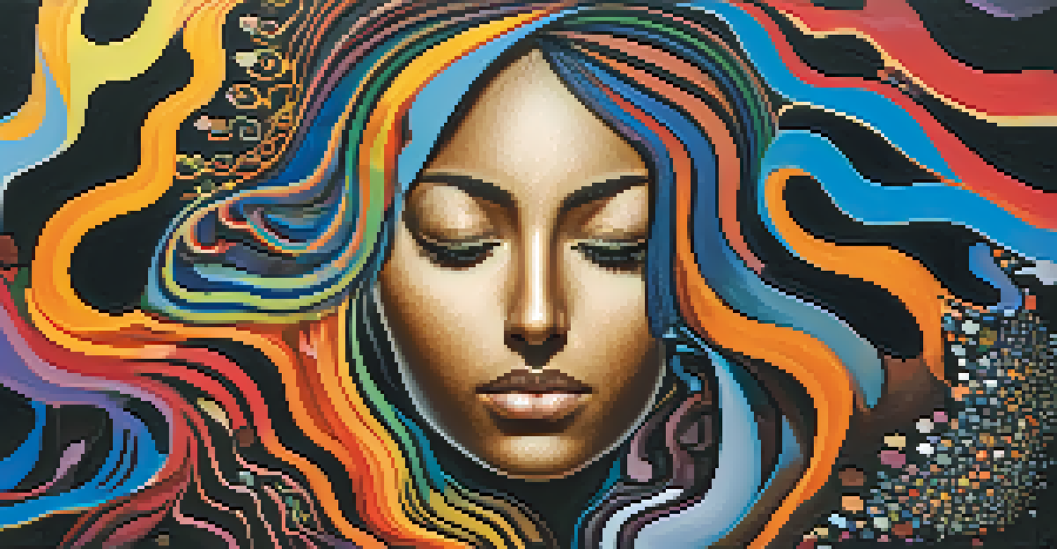 An abstract depiction of the human mind with colorful swirling patterns and silhouettes of a man and a woman on either side.
