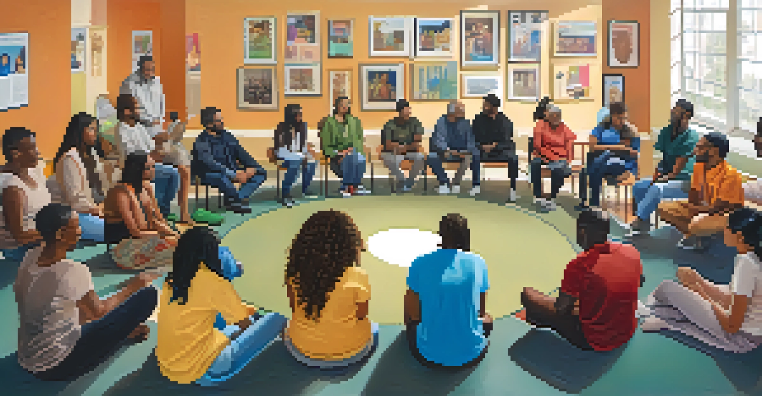 A diverse group of people discussing mental health in a bright community center.