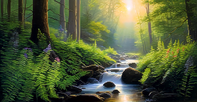 A peaceful forest at dawn with golden light, a small stream, and lush greenery.