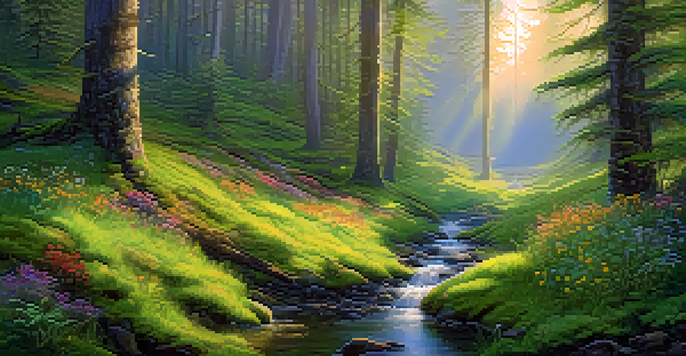A tranquil forest scene at dawn with sunlight filtering through trees, a stream, and colorful wildflowers.