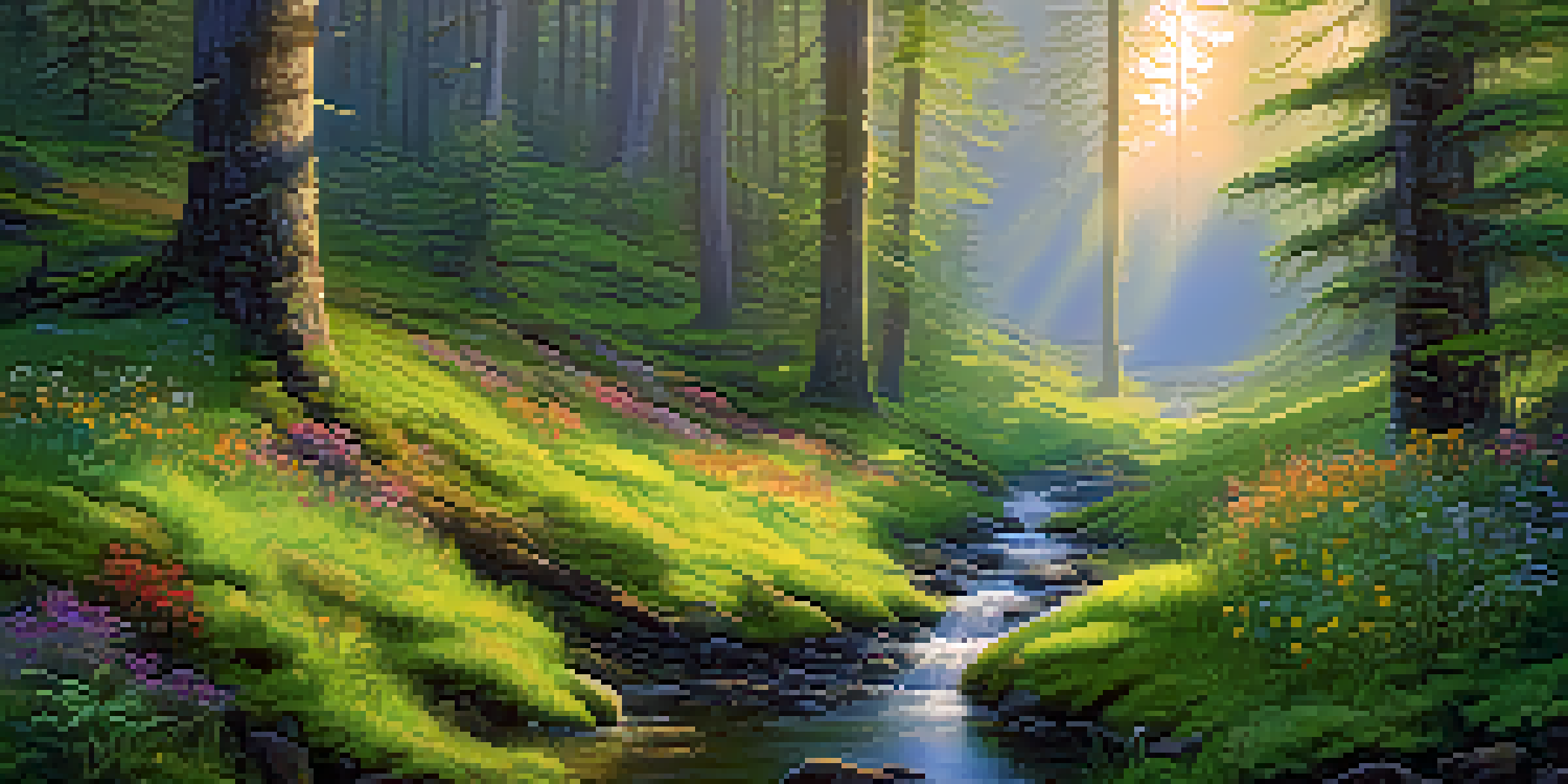 A tranquil forest scene at dawn with sunlight filtering through trees, a stream, and colorful wildflowers.