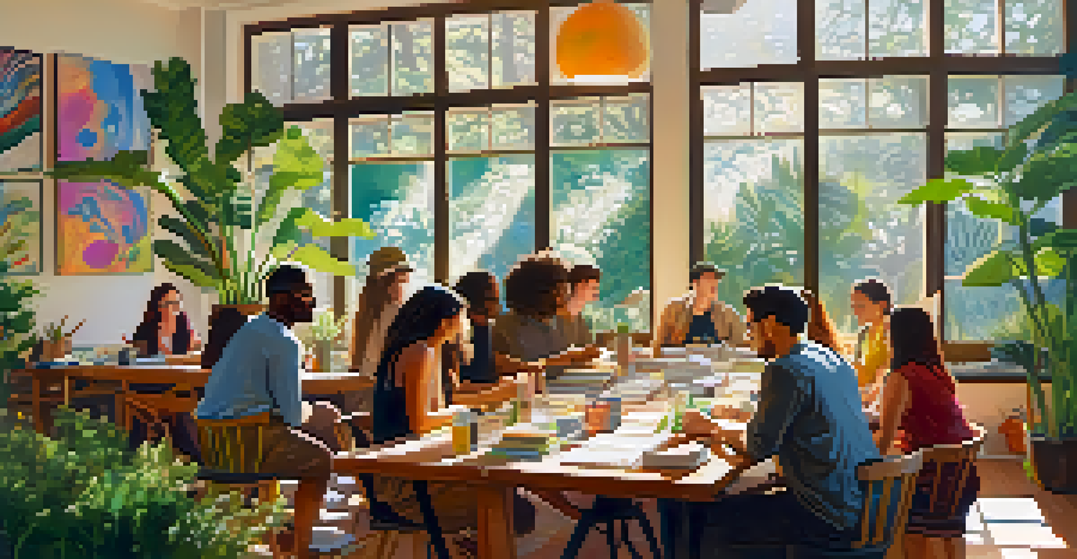 A diverse group of individuals in a workshop setting discussing psychedelics, with plants and art supplies on the table under natural light.