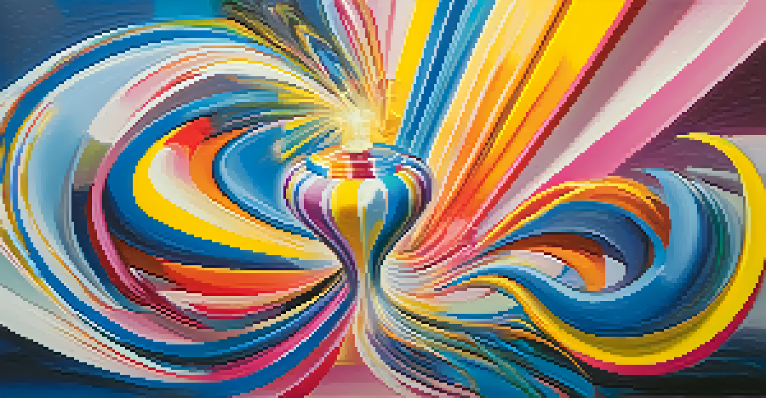 An abstract artwork showing vibrant colors and shapes swirling around a central light bulb, representing creativity.