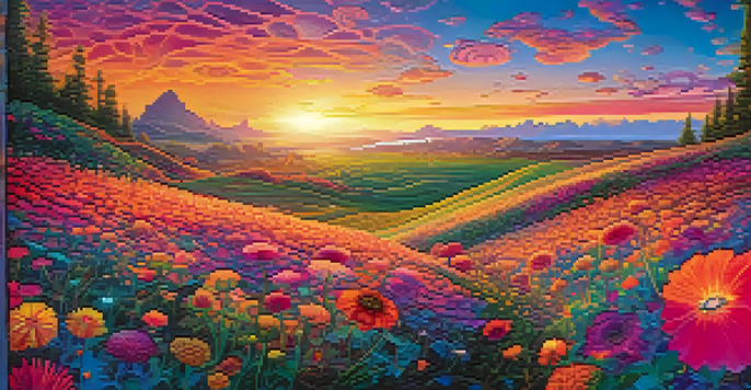 A colorful psychedelic landscape with swirling patterns and oversized flowers under a luminous sunset.