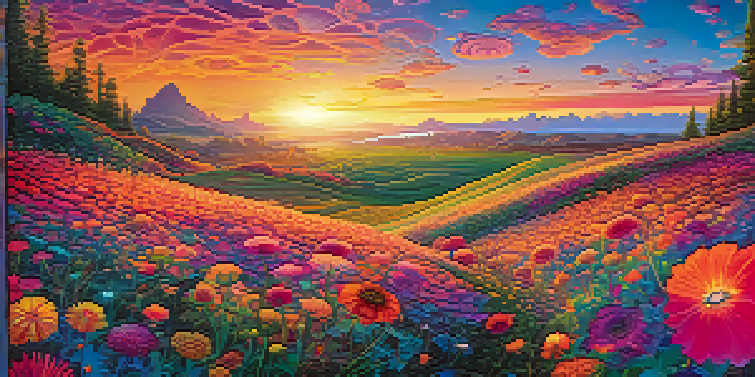 A colorful psychedelic landscape with swirling patterns and oversized flowers under a luminous sunset.