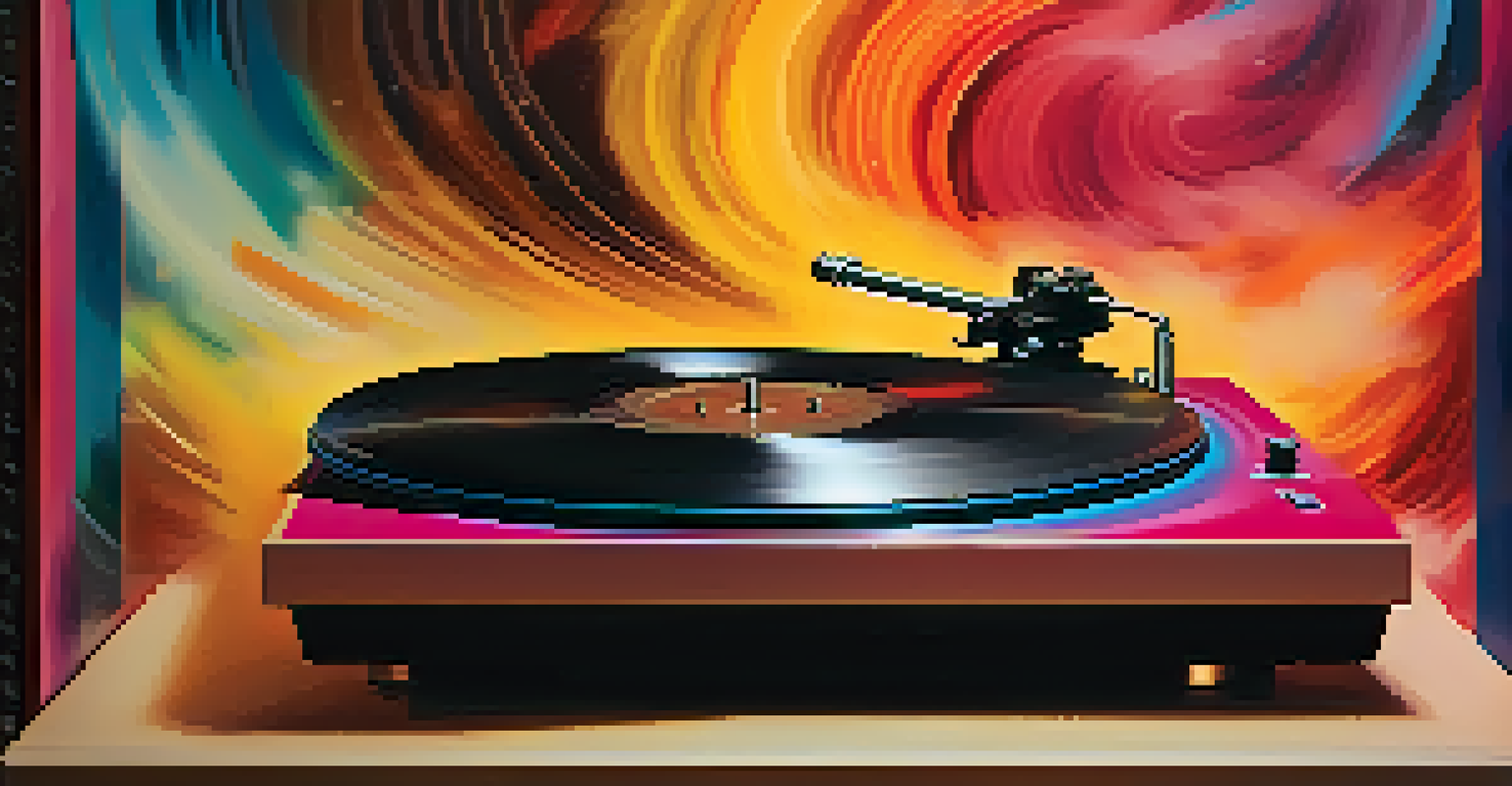 A close-up of a spinning vinyl record on a turntable, surrounded by colorful smoke representing sound waves.