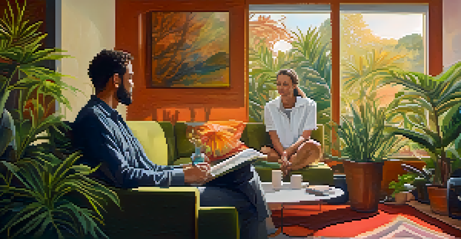 A close-up of a therapist and patient discussing insights after a psychedelic therapy session in a cozy setting.