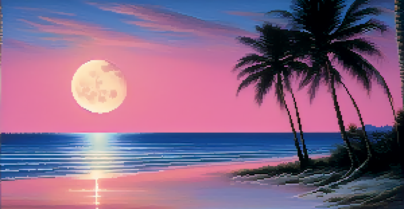 A peaceful beach scene at twilight with palm trees and a full moon reflecting on the water.