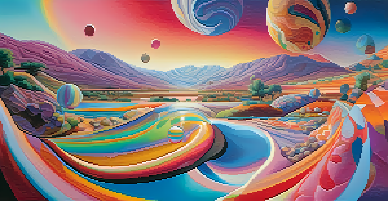 An abstract psychedelic landscape with swirling colors, geometric patterns, and luminous orbs, evoking introspection.