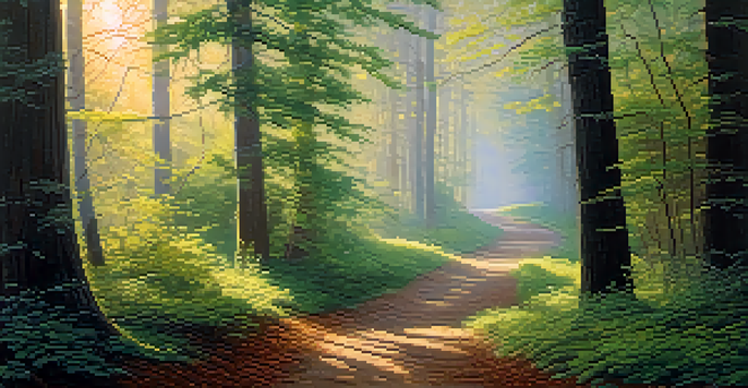 A peaceful forest with dew on leaves, a winding path, and soft morning light.