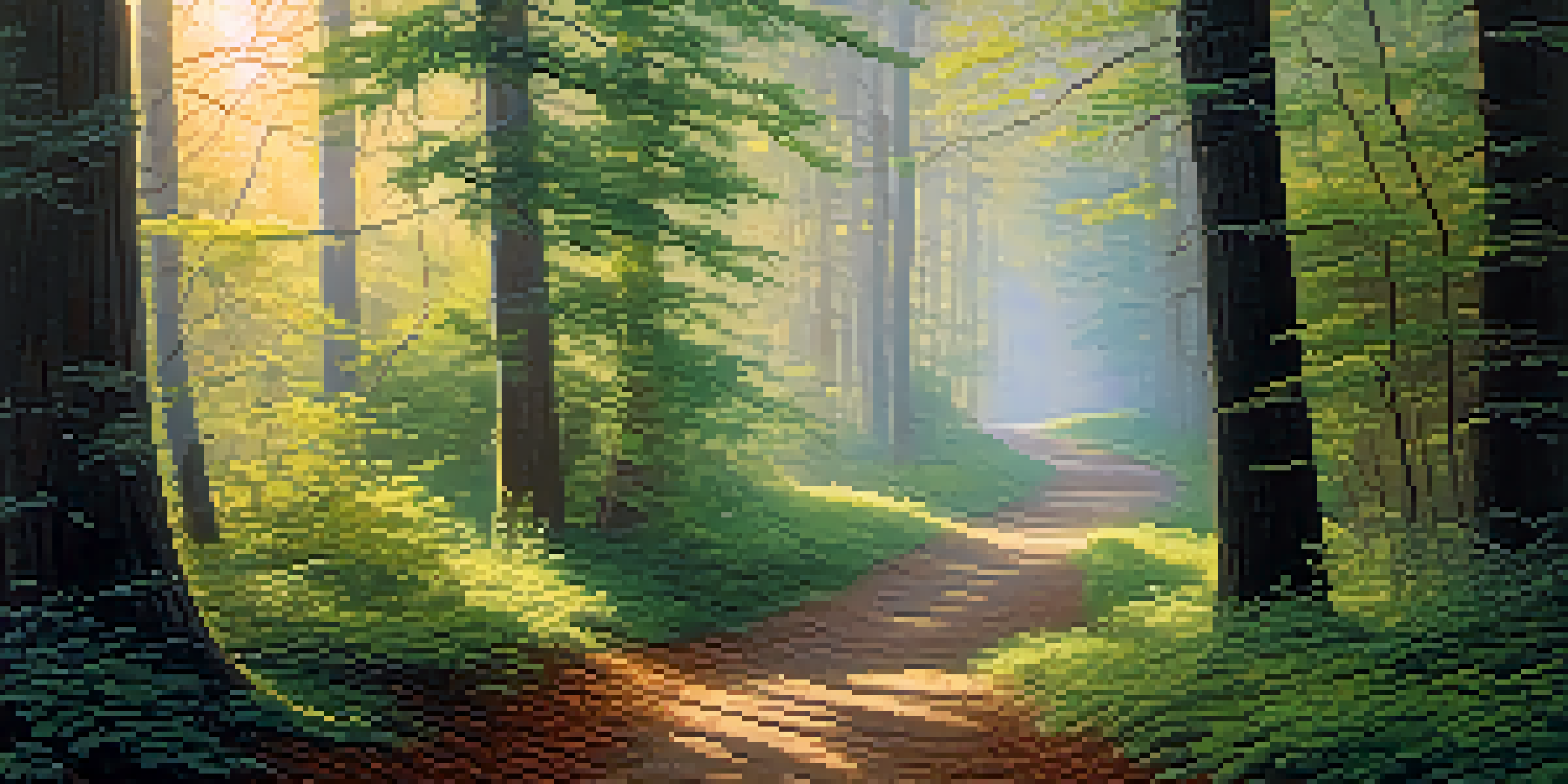 A peaceful forest with dew on leaves, a winding path, and soft morning light.