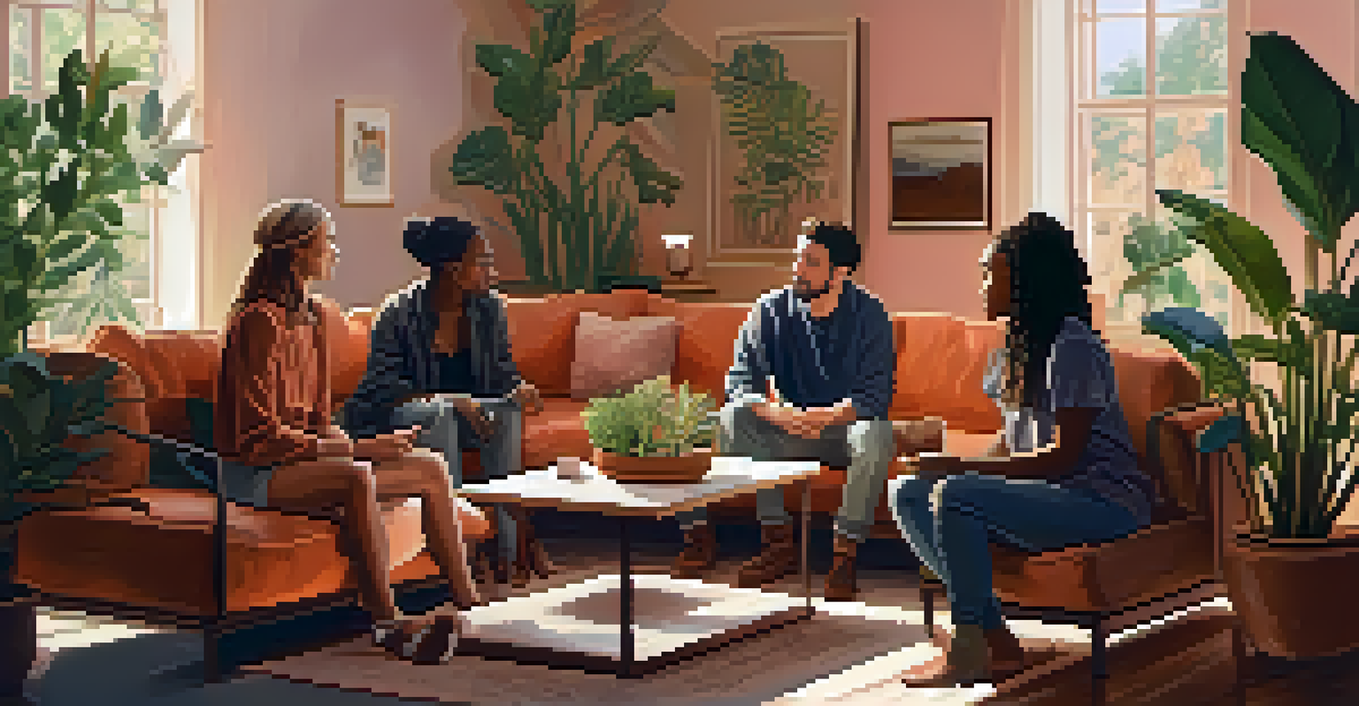 A warm and cozy room with people discussing their experiences, surrounded by plants and soft lighting.