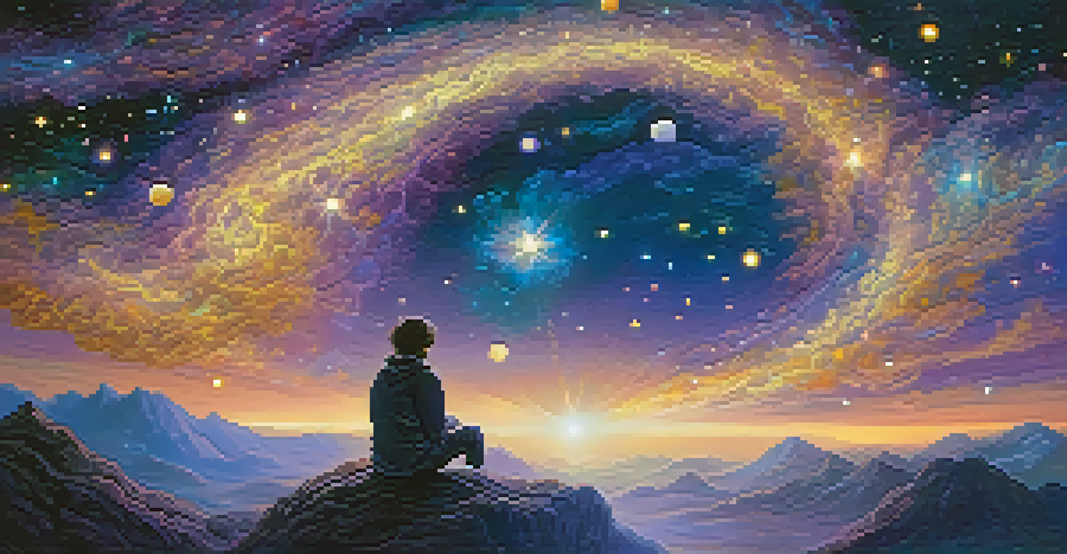 A person sitting on a cloud under a starry night sky, surrounded by glowing orbs, representing dreams and thoughts.