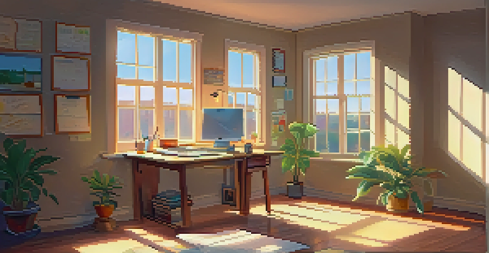 A bright and cozy study room with a wooden desk filled with notebooks and a laptop, illuminated by sunlight coming through a window.