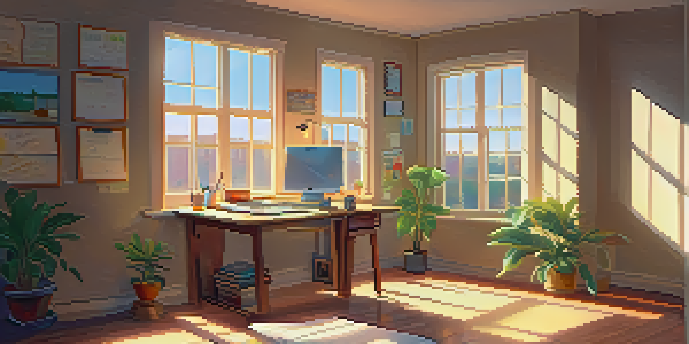 A bright and cozy study room with a wooden desk filled with notebooks and a laptop, illuminated by sunlight coming through a window.