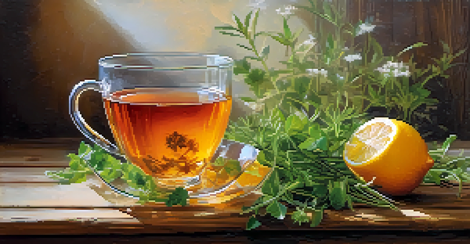 A glass of herbal tea on a wooden table, surrounded by fresh herbs and citrus slices, with a warm rustic background.
