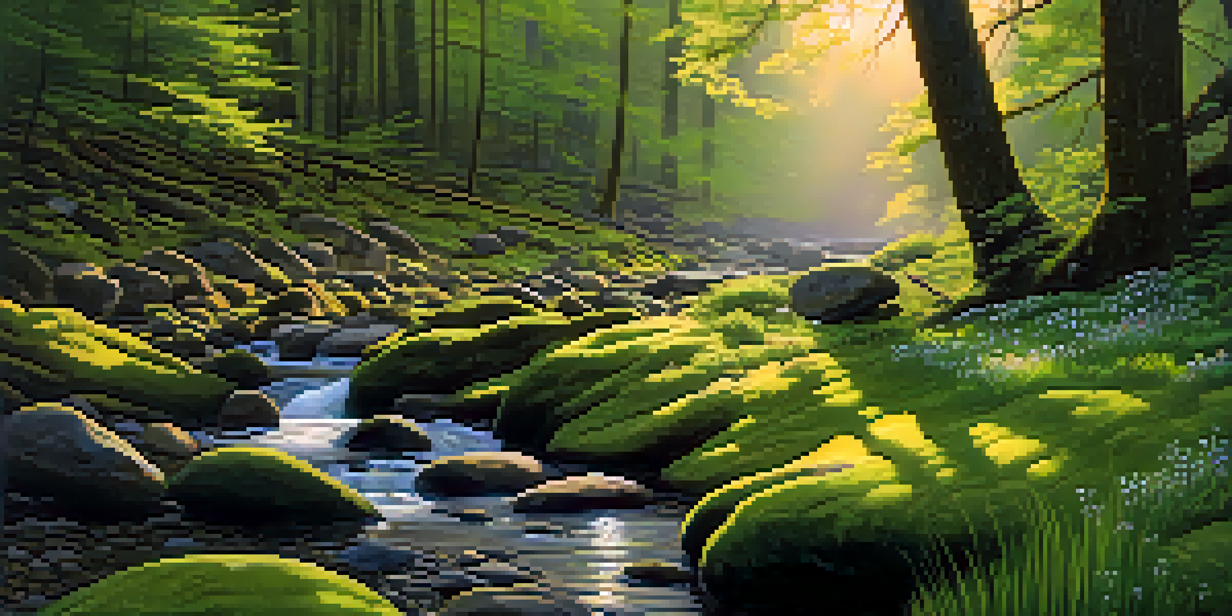 A peaceful forest scene at sunrise, featuring sunlight filtering through trees, a stream flowing over stones, and colorful wildflowers.