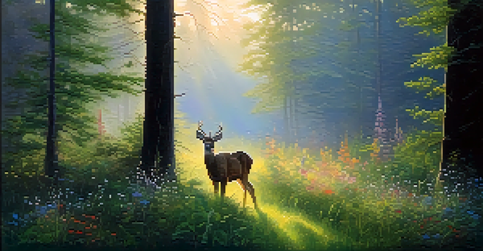 A peaceful forest clearing at dawn with sunlight filtering through the trees, colorful wildflowers, and a deer in the background.