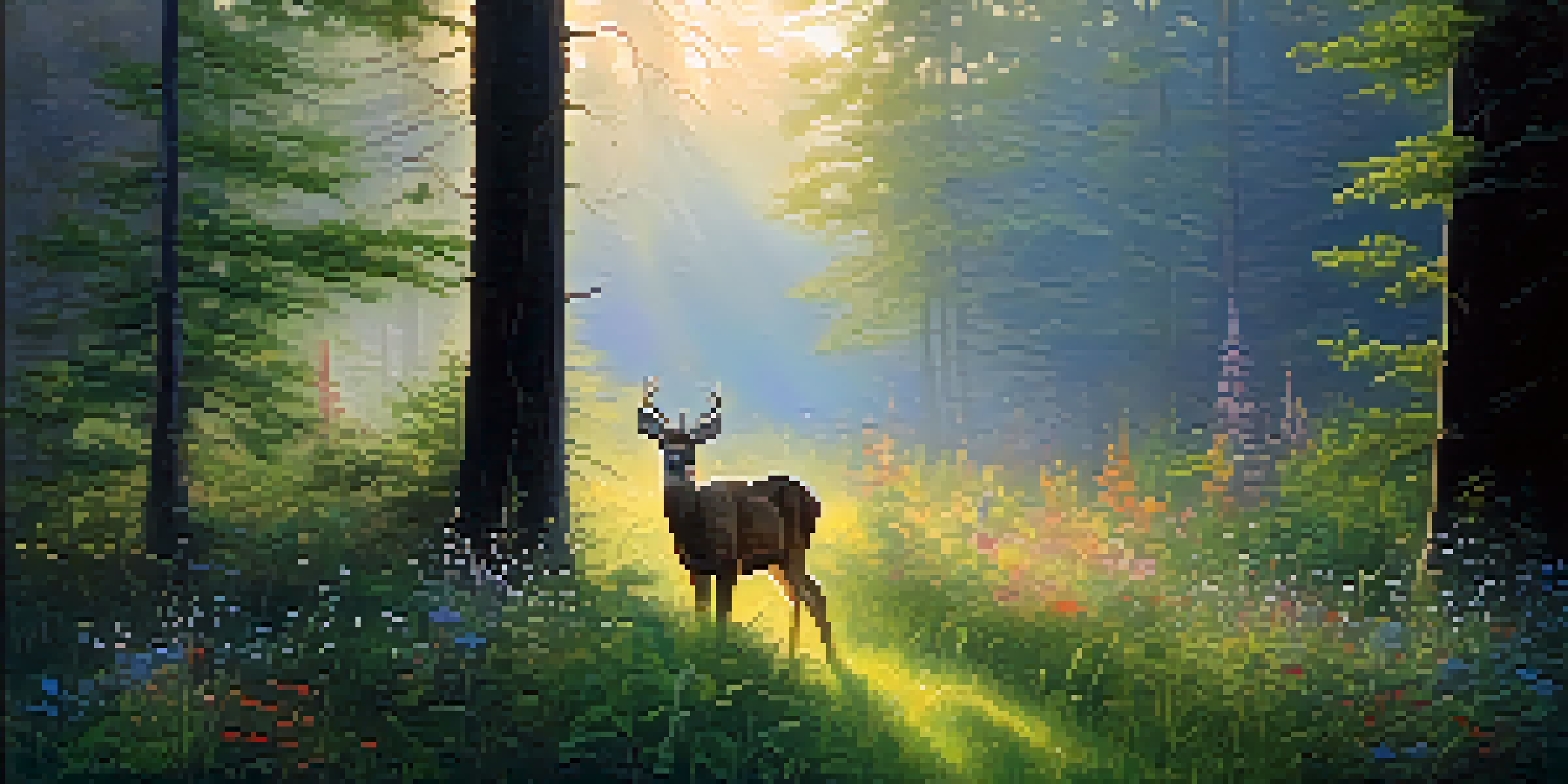 A peaceful forest clearing at dawn with sunlight filtering through the trees, colorful wildflowers, and a deer in the background.