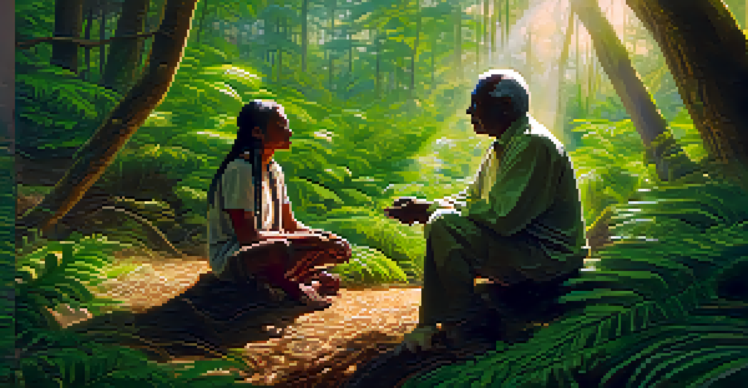 A researcher and an indigenous elder in a forest, sharing knowledge about traditional uses of psychedelics in a respectful manner.