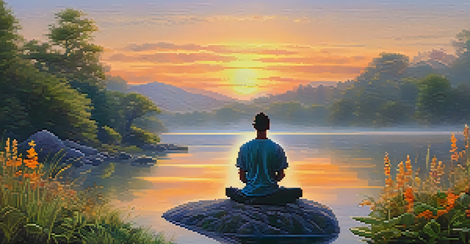 A peaceful landscape with a sunrise over a lake, a person meditating on a rock in the foreground.