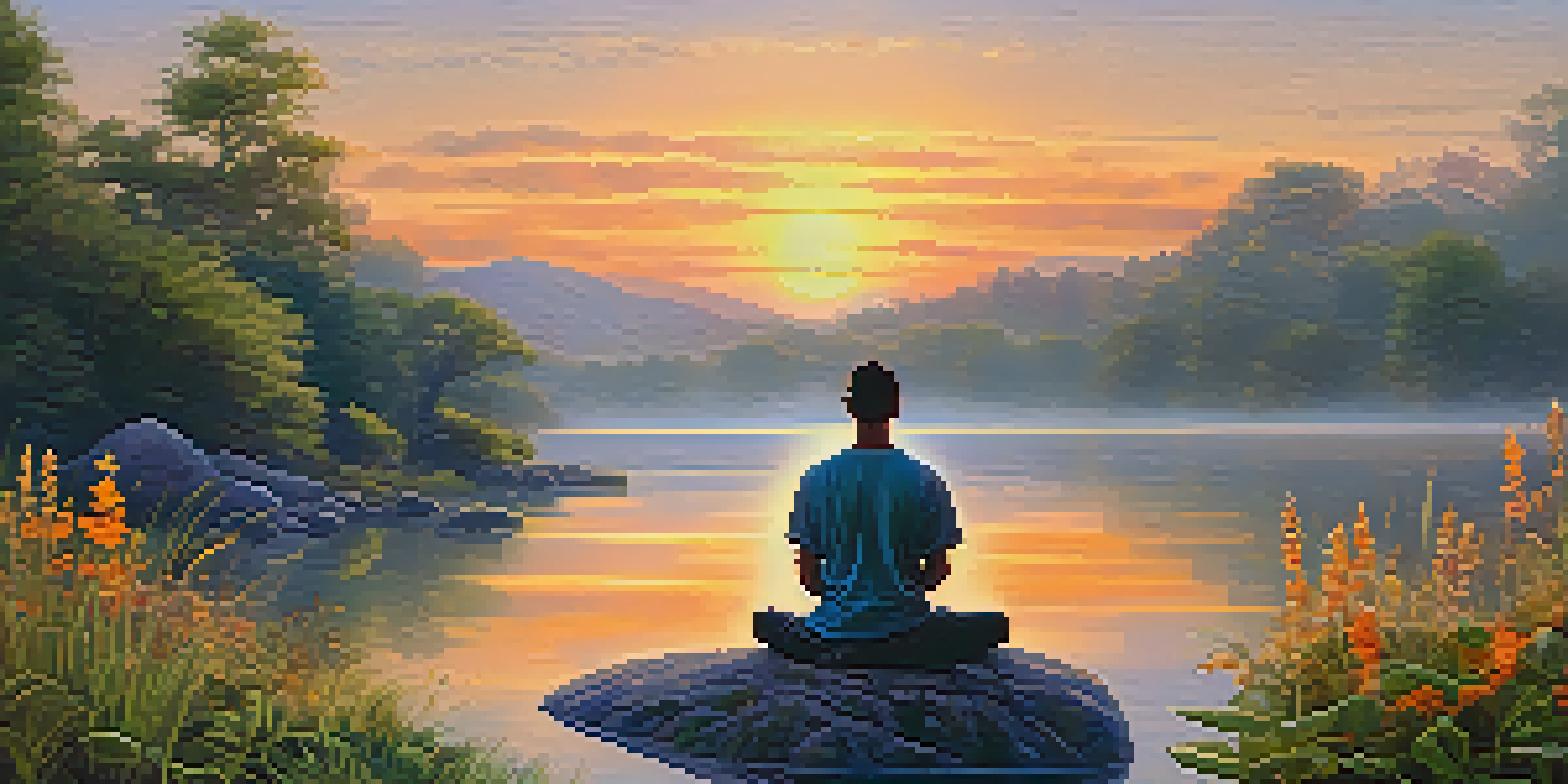A peaceful landscape with a sunrise over a lake, a person meditating on a rock in the foreground.