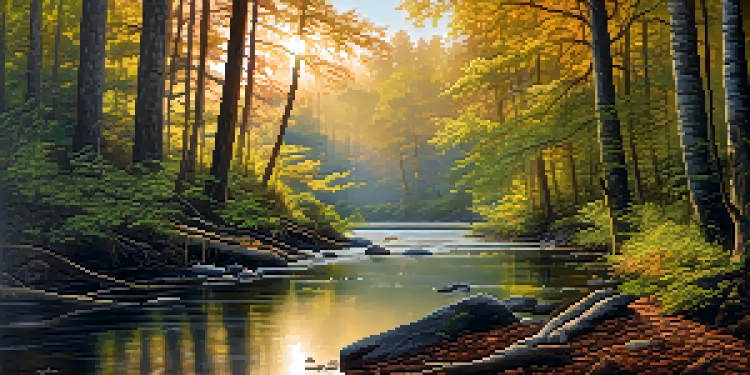 A peaceful forest landscape at dawn with sunlight filtering through trees and a river reflecting the morning sky.