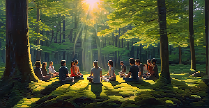 A peaceful forest scene with sunlight filtering through trees and a diverse group of people meditating in a circle on a mossy ground.