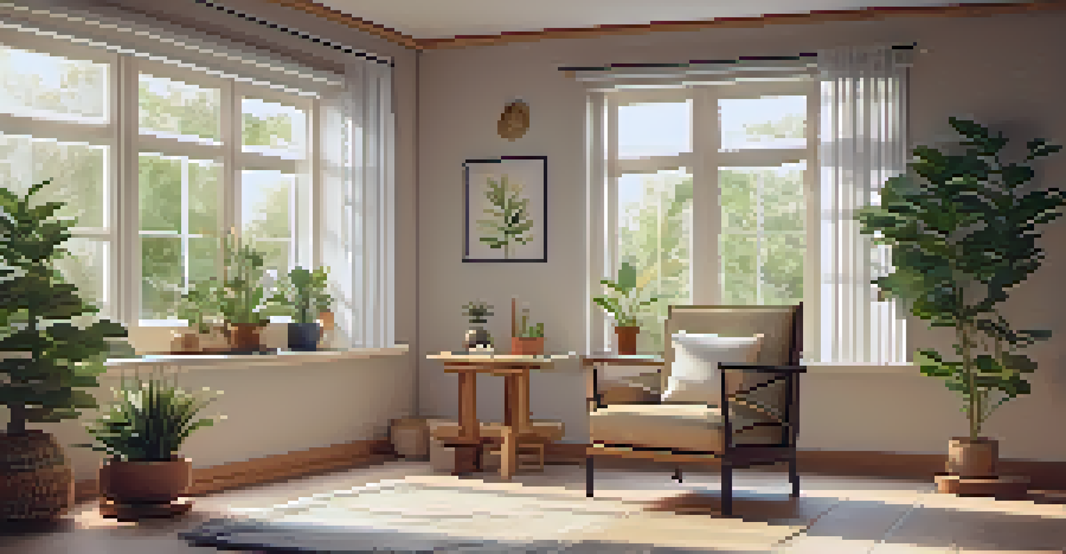 A warm and inviting indoor space designed for relaxation, featuring a comfortable chair, calming decor, and a view of a peaceful garden.