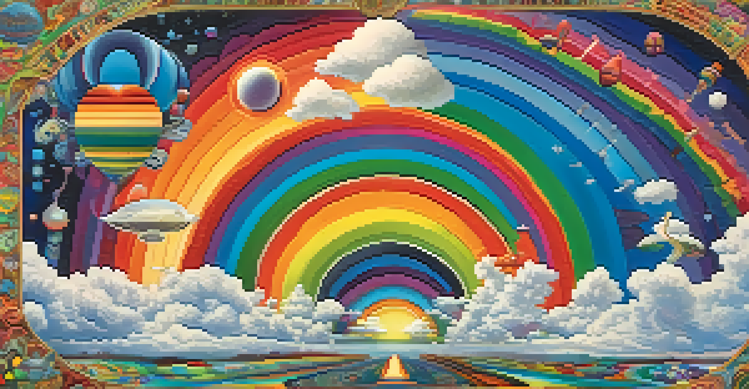 An album cover design featuring surreal images and vibrant flowers in a rainbow color scheme, inspired by psychedelic rock art.