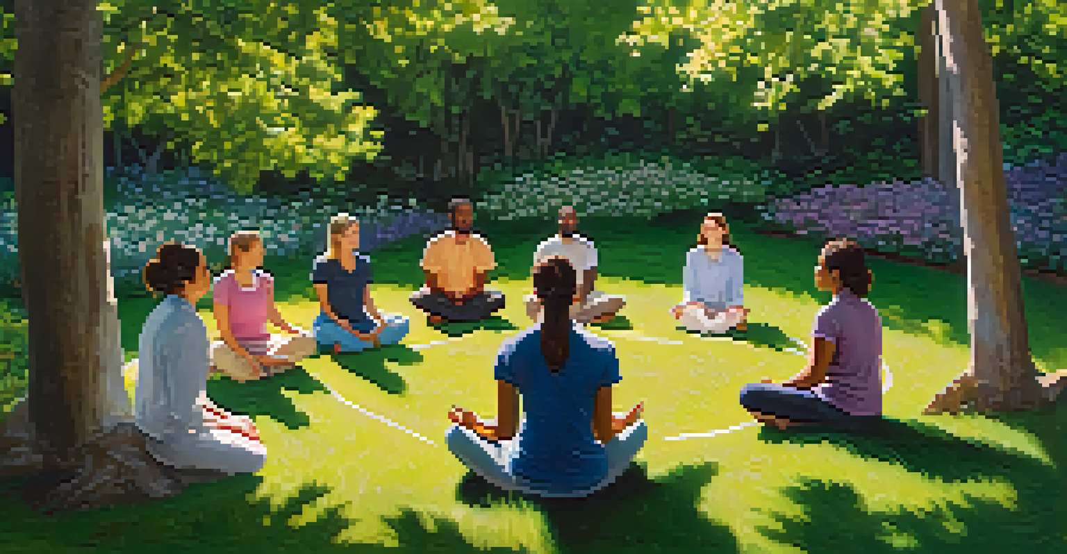 A diverse group of people meditating in a vibrant garden filled with flowers and trees.